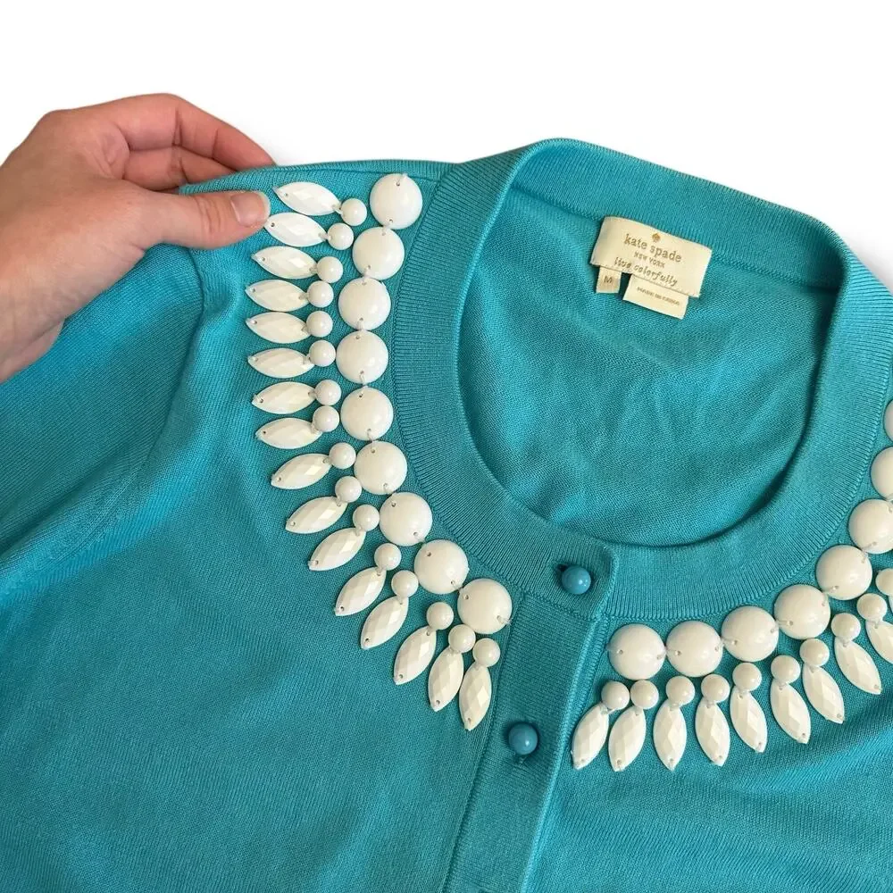 Kate Spade‎ Embellished Cardigan Sweater Turquoise Blue Size M